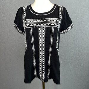 LUCKY BRAND Embroidered Southwestern Navajo Black & White Peasant Top - EUC - M